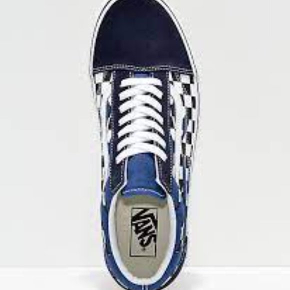 Vans Old Skool Checker Flame in Navy Blue Checker/True White Canvas Skate Shoes - Picture 7 of 16